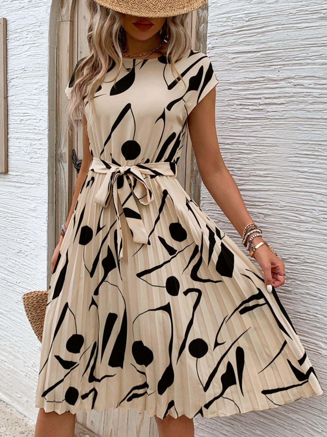 Perfee Tied Pleated Printed Cap Sleeve Dress