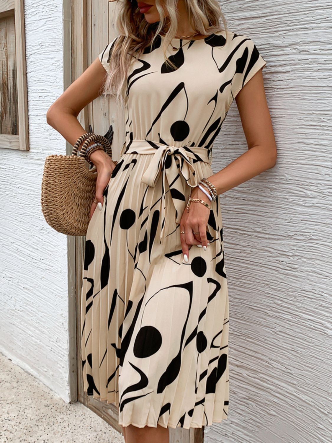 Perfee Tied Pleated Printed Cap Sleeve Dress