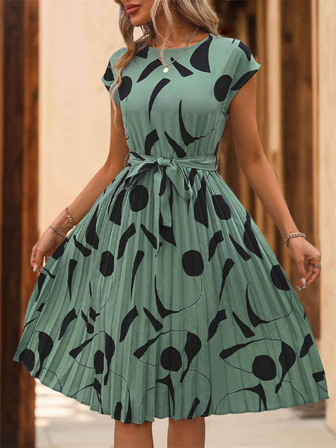 Perfee Tied Pleated Printed Cap Sleeve Dress