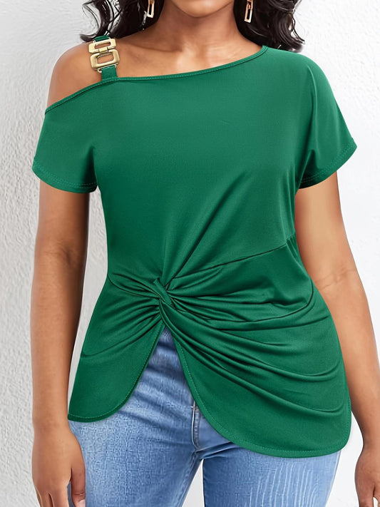 Plus Size Twisted Asymmetrical Neck Short Sleeve T-Shirt